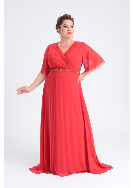 Kadın Büyük Beden Uzun Şifon Abiye Elbise 9510 Kırmızı