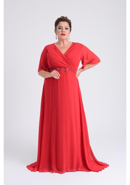 Kadın Büyük Beden Uzun Şifon Abiye Elbise 9510 Kırmızı fiyatları