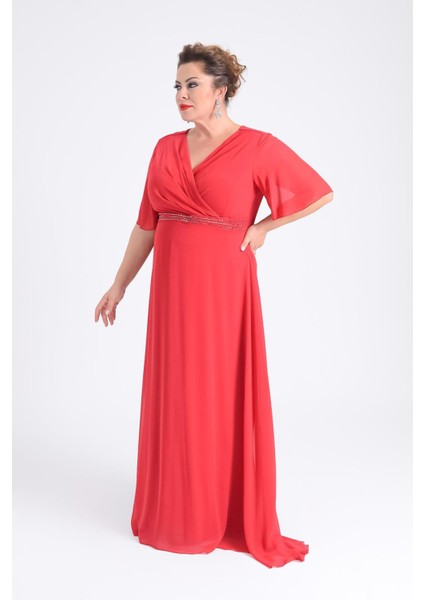 Kadın Büyük Beden Uzun Şifon Abiye Elbise 9510 Kırmızı modelleri