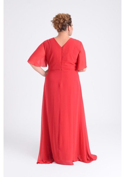 Kadın Büyük Beden Uzun Şifon Abiye Elbise 9510 Kırmızı fırsatları