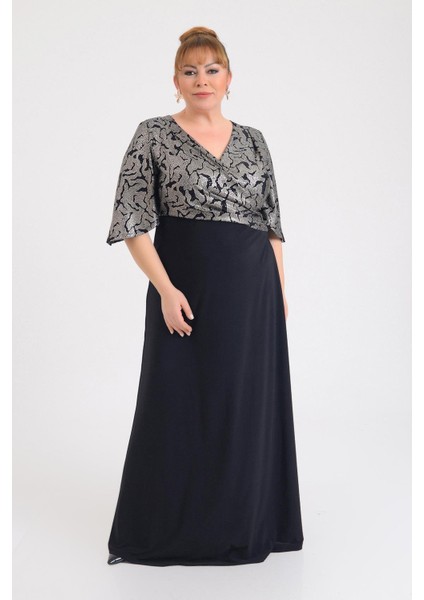 Kadın Büyük Beden Kruvaze Yaka Kısa Kollu Uzun Abiye Elbise 9670 Siyah
