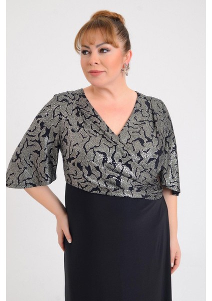 Kadın Büyük Beden Kruvaze Yaka Kısa Kollu Uzun Abiye Elbise 9670 Siyah fiyatları