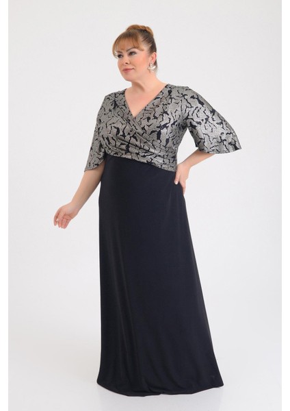 Kadın Büyük Beden Kruvaze Yaka Kısa Kollu Uzun Abiye Elbise 9670 Siyah modelleri