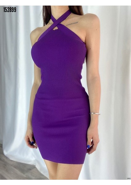 Çapraz Halter Yaka Triko Mini Elbise