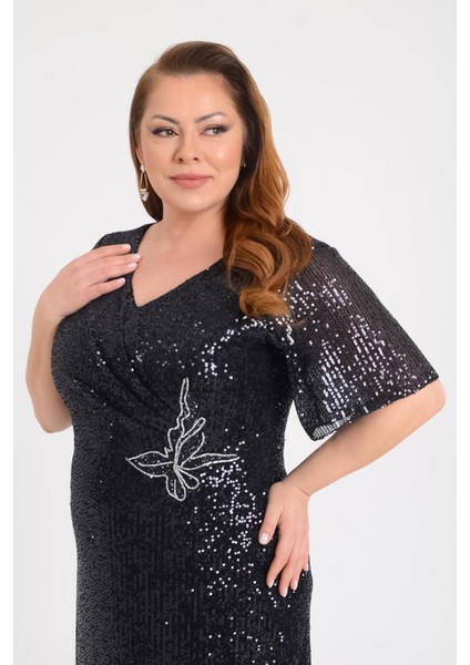 Kadın Büyük Beden Pul Payetli V Yaka Uzun Abiye Elbise 9646 Siyah fiyatları