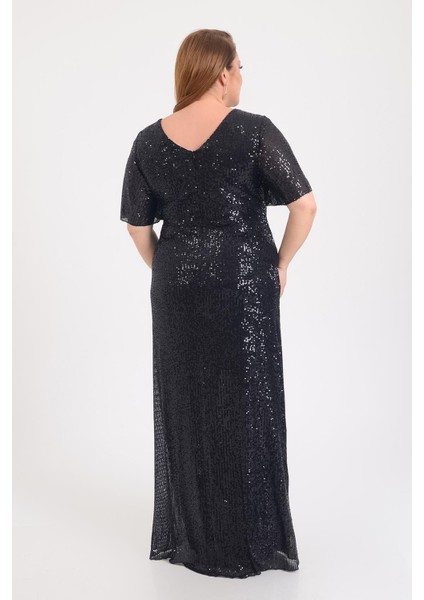 Kadın Büyük Beden Pul Payetli V Yaka Uzun Abiye Elbise 9646 Siyah fırsatları