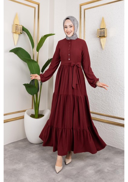Önden Düğmeli Tesettür ELBISE-3136 K.bordo