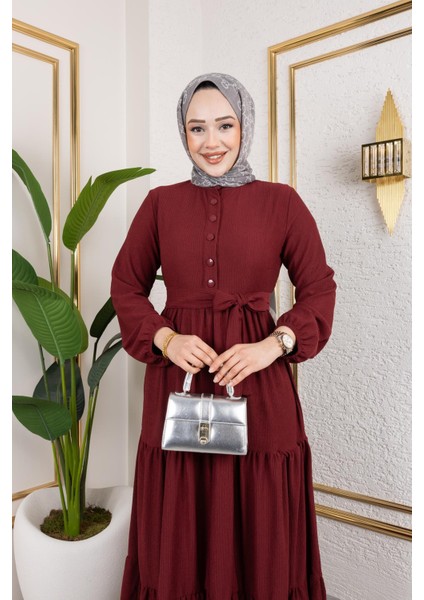Önden Düğmeli Tesettür ELBISE-3136 K.bordo fiyatları