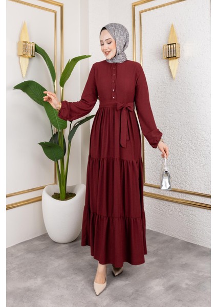 Önden Düğmeli Tesettür ELBISE-3136 K.bordo modelleri