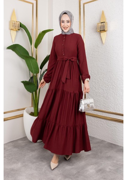 Önden Düğmeli Tesettür ELBISE-3136 K.bordo fırsatları