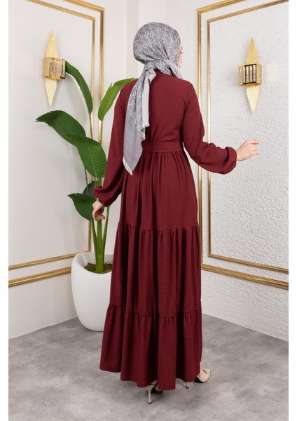 Önden Düğmeli Tesettür ELBISE-3136 K.bordo indirimleri