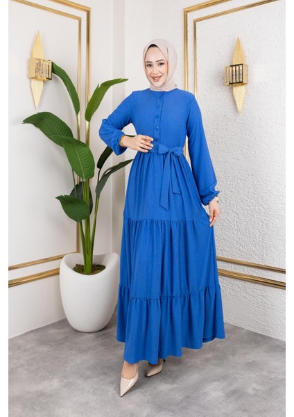 Önden Düğmeli Tesettür ELBISE-3136 Açık Indigo modelleri