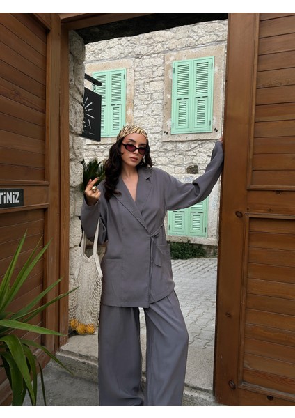 Kadın Antrasit %100 Modal Kumaş Bağlamalı Oversize Ceket 29106 fiyatları