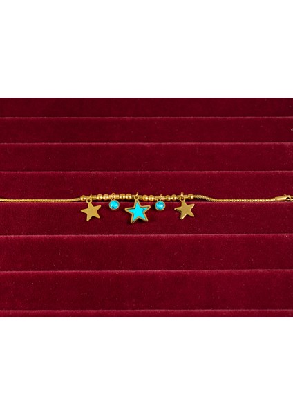 14K Renkli Çelik & Firuze Taş Detaylı Yıldız Figürlü Kadın Bileklik modelleri