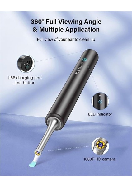 Bebırd T5 3mp Kamera 3.5mm Lens Şarjlı Wıfı Görüntülü Kulak Temizleyici Siyah Renk