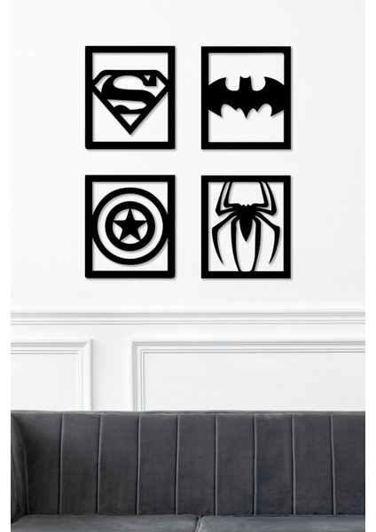 Superman - Batman- Kaptan Amerika - Örümcek Adam - Spiderman Marvel Temalı 4'lü Set Tablo