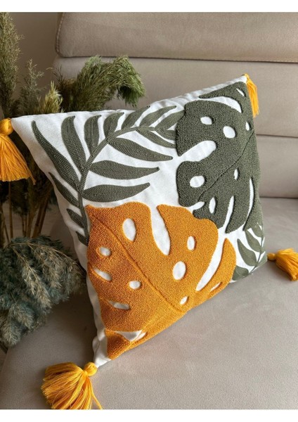 Nakışlı Kırlent Kılıfı, Krem, Hardal, Sarı, Yeşil, Rahat ve Şık Dekorasyon Parçası