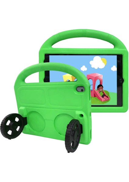 Apple iPad 10.2 (9.nesil) Uyumlu Wheel Car Tekerlek Standlı Tablet Eva Silikon Kılıf-Yeşil