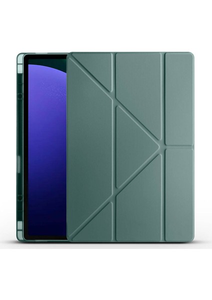 Galaxy Tab S9 Ultra Kılıf Uyumlu Tri Folding Kalem Bölmeli Standlı Kılıf-Koyu Yeşil
