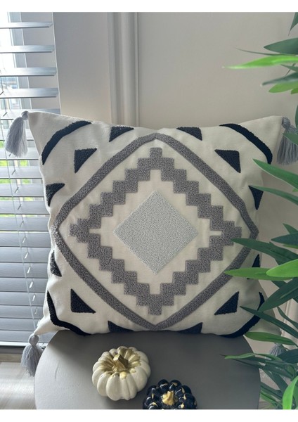 Gri nakışlı şık kırlent kılıfı, doğal pamuklu, zarif ve rahat dekorasyon parçası modelleri