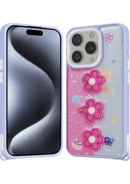 Apple iPhone 15 Pro Kılıf Parlayan Sıvılı Simli Kabartma Figürlü Cevze Kapak-Mor Papatya