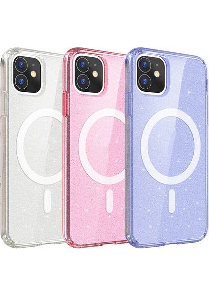Apple iPhone 11 Kılıf Magsafe Şarj Özellikli Parlayan Simli Saydam Renkli Allstar Kapak-Mor fiyatları