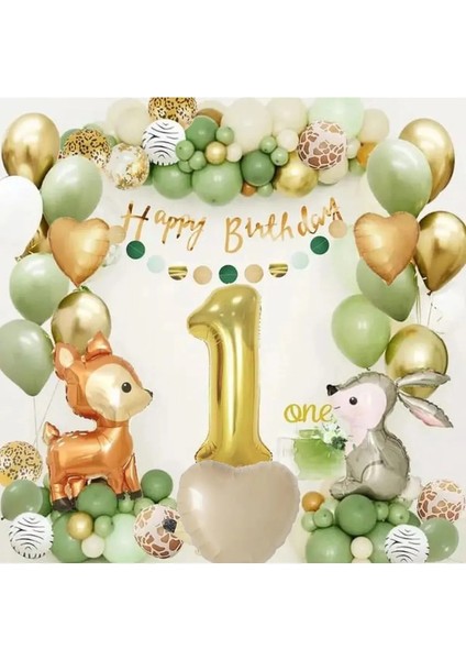 Ceylan Tavşan Gold 1 Yaş Folyolu Küf Yeşili Beyaz Balon Zincir Doğum Günü Parti Seti Süsü