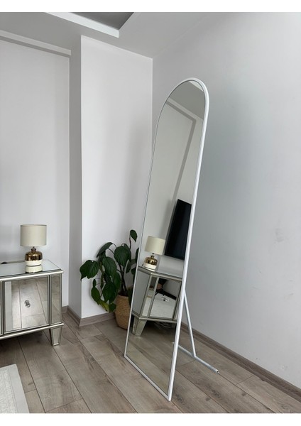 Beyaz metal çerçeveli oval büyük boy ayna, 180x60 cm, şık ve modern tasarım indirimleri