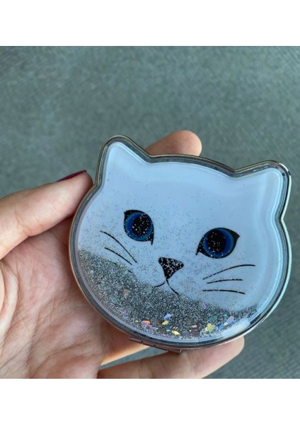 Simli Sulu Kedi Temalı El Makyaj Aynası, Kapaklı, Taşıması Kolay, Cam, Gümüş Renk