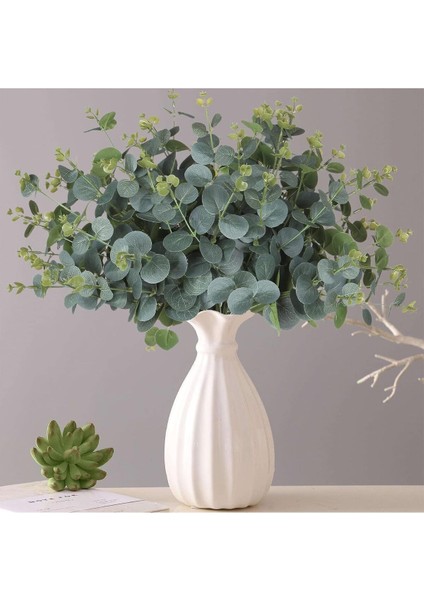 2 Adet Yeşil Yapay 16 Dal Okaliptus Demeti, Saksısız, Sarkıt, Çiçek, Yükseklik 31-45 cm