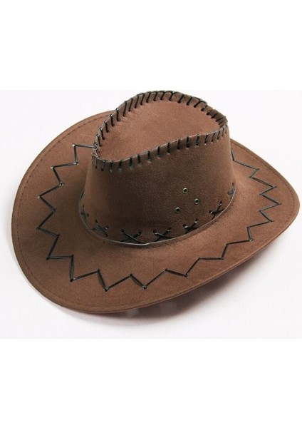 Bağcıklı Yetişkin Boy Süet Kovboy Şapkası Koyu Kahve Renk