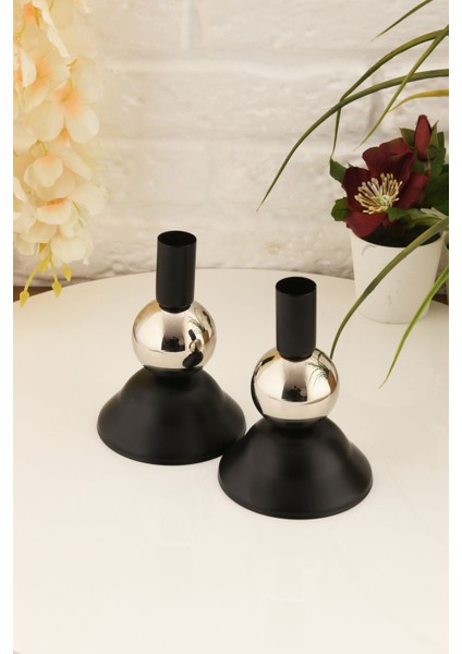 Şamdan Çiftli Set, Siyah ve Gümüş Renk, Metal, 6x6 Boyut, Dekoratif Aydınlatma