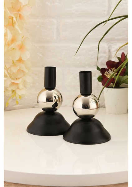Şamdan Çiftli Set, Siyah ve Gümüş Renk, Metal, 6x6 Boyut, Dekoratif Aydınlatma