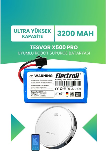 Tesvor X500 Pro Uyumlu Batarya (ULTRA YÜKSEK KAPASİTE) 3200mah Pil Robot Süpürge Batarya Değişimi