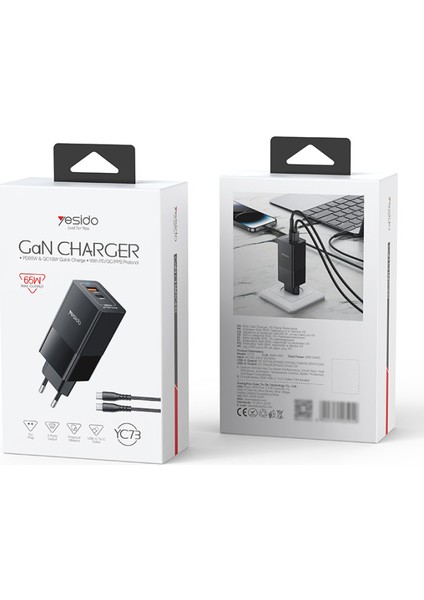 YC73 1 Adet 65W Type-C / 1 Adet 18W USB Çıkışlı Ekstra 1m Type-C To Type-C Kablolu Gan Hızlı Şarj Cihazı - Siyah