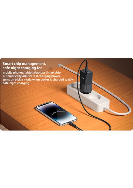 YC73 1 Adet 65W Type-C / 1 Adet 18W USB Çıkışlı Ekstra 1m Type-C To Type-C Kablolu Gan Hızlı Şarj Cihazı - Siyah