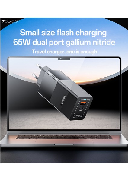 YC73 1 Adet 65W Type-C / 1 Adet 18W USB Çıkışlı Ekstra 1m Type-C To Type-C Kablolu Gan Hızlı Şarj Cihazı - Siyah