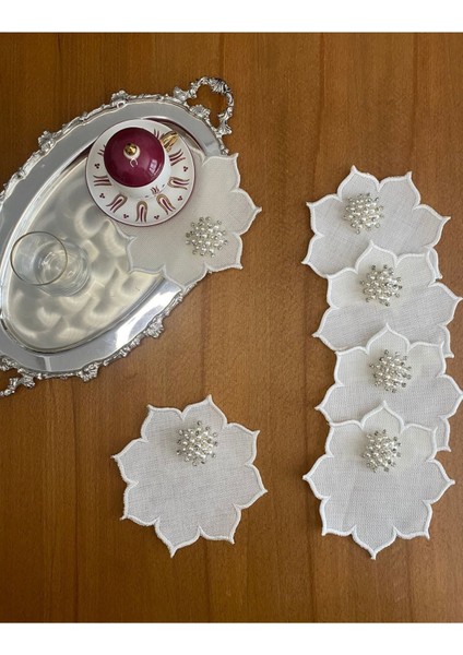Ekru keten yıldız desenli yuvarlak kokteyl sunum peçetesi, 6 adet fiyatları