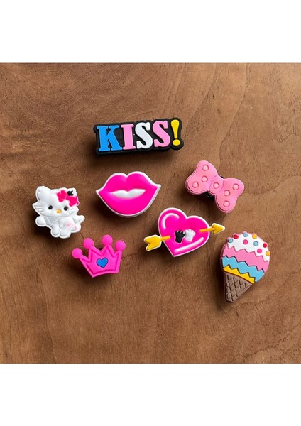 Jibbitz Terlik Süsü 7'li Set, Sevimli Kedi,kiss, Dondurma,kalp