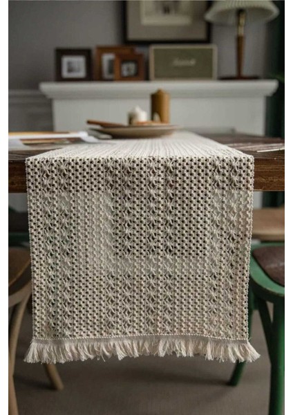 Organik Pamuk Dantel Runner, Kelebek Desenli, 150x35 cm, Dikdörtgen, Krem Renkli fırsatları