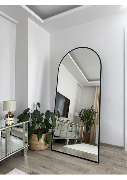 Şık Siyah Metal Çerçeveli Oval Boy Aynası 180x80 cm, Demonte ve Ayaklı