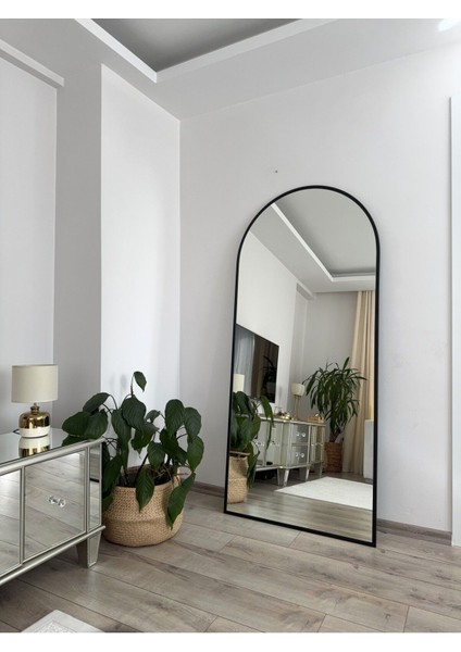 Şık Siyah Metal Çerçeveli Oval Boy Aynası 180x80 cm, Demonte ve Ayaklı modelleri