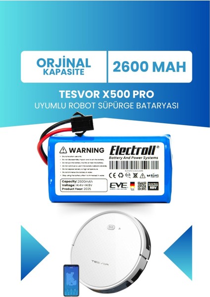 Tesvor X500 Pro Uyumlu Batarya (ORJİNAL KAPASİTE) 2600mah Pil Robot Süpürge Batarya Değişimi