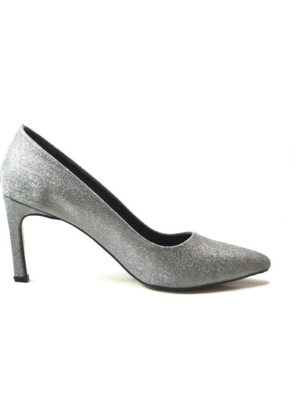 4.99-1 Platin & Siyah Simli Abiye Kadın Stiletto Ayakkabı