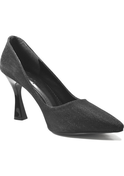 4.99-1 Platin & Siyah Simli Abiye Kadın Stiletto Ayakkabı