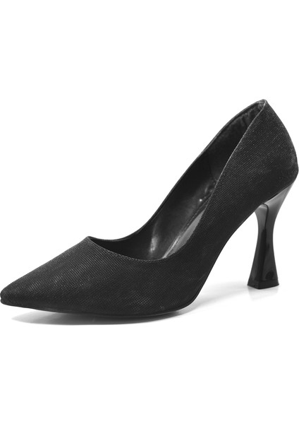 4.99-1 Platin & Siyah Simli Abiye Kadın Stiletto Ayakkabı
