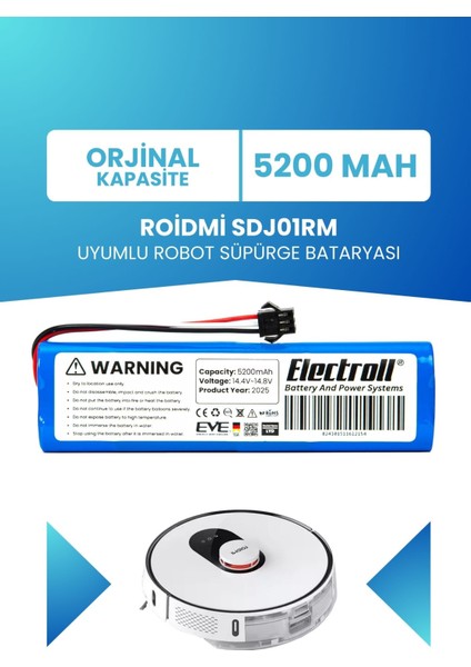 Roidmi Sdj01rm Batarya (ORJİNAL KAPASİTE) Uyumlu 5200mah Pil Akıllı Robot Süpürge Batarya Değişimi
