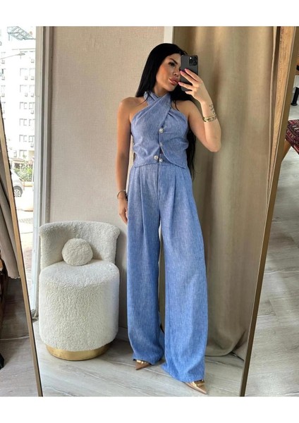 Mavi Boyundan Bağlamalı Bluz Pantolon Ikili Takım