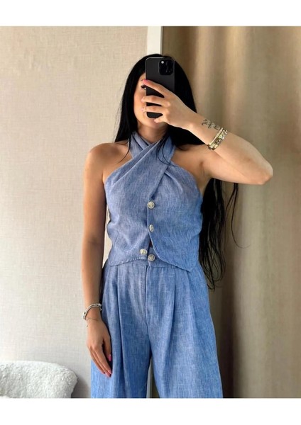 Mavi Boyundan Bağlamalı Bluz Pantolon Ikili Takım