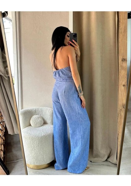 Mavi Boyundan Bağlamalı Bluz Pantolon Ikili Takım